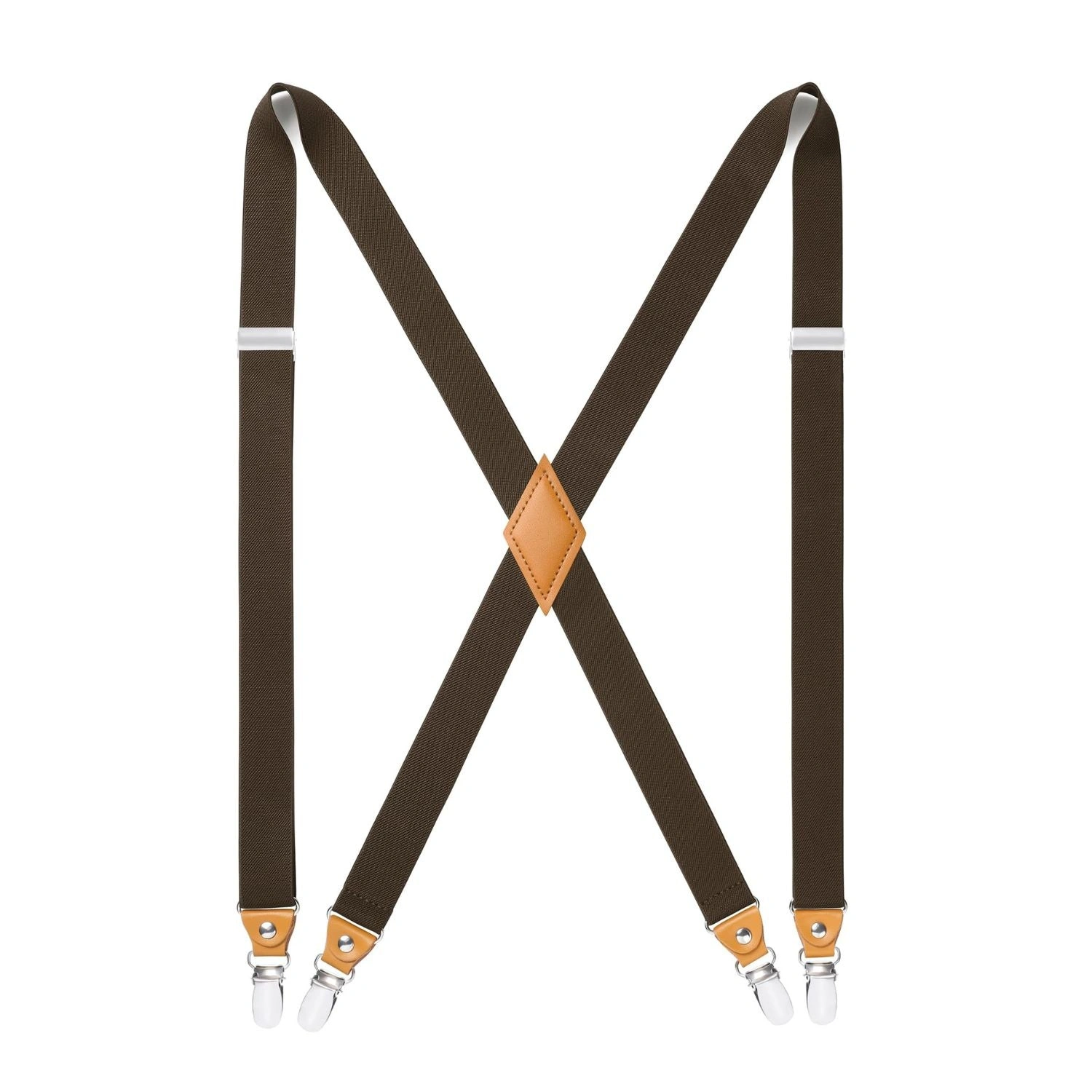 Brown Suspender: Classic Style, Perfect Fit, Four Secure Clips. Adjustable Comfort, Timeless Elegance.